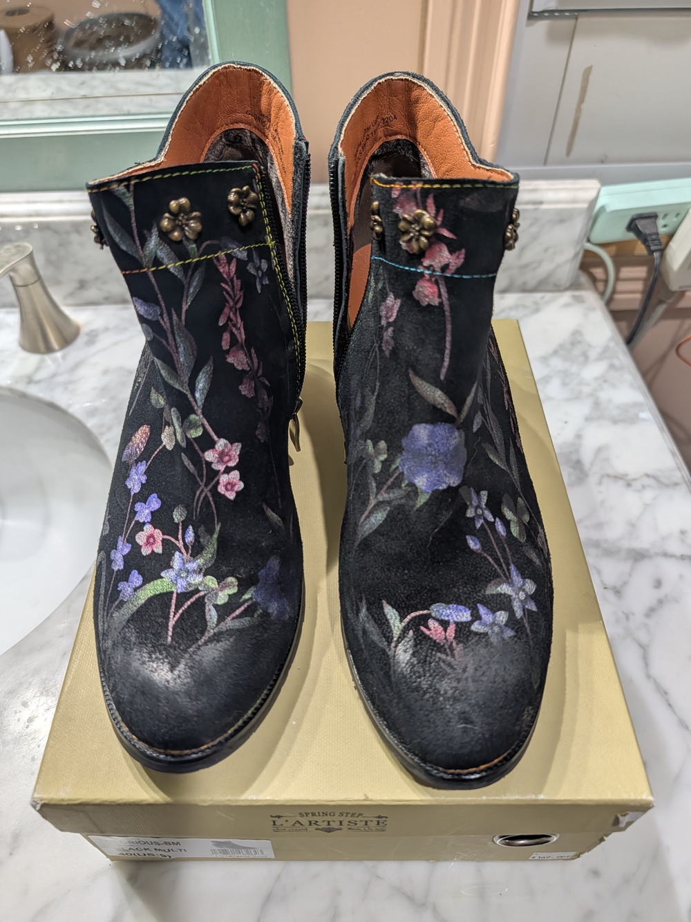 Artiste Floral Embroidered Black Suede Ankle Boots